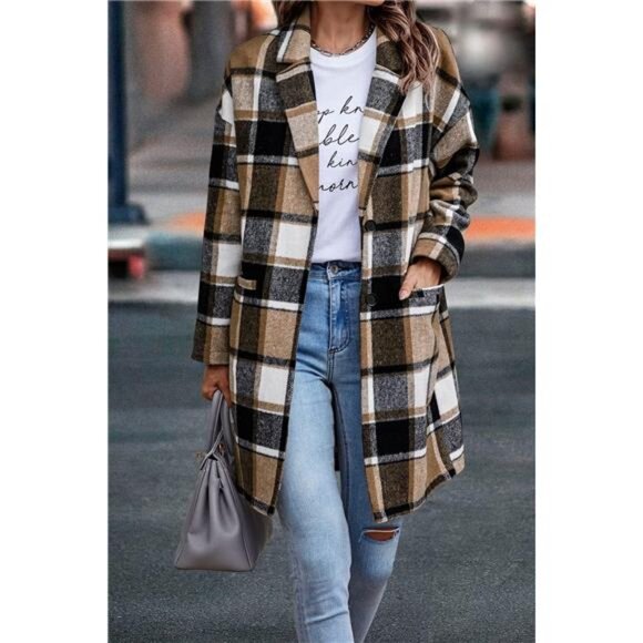 Women's 2024 Plaid Shacket Jacket Casual Button Wool Blend Winter Trench Coat - Picture 6 of 7